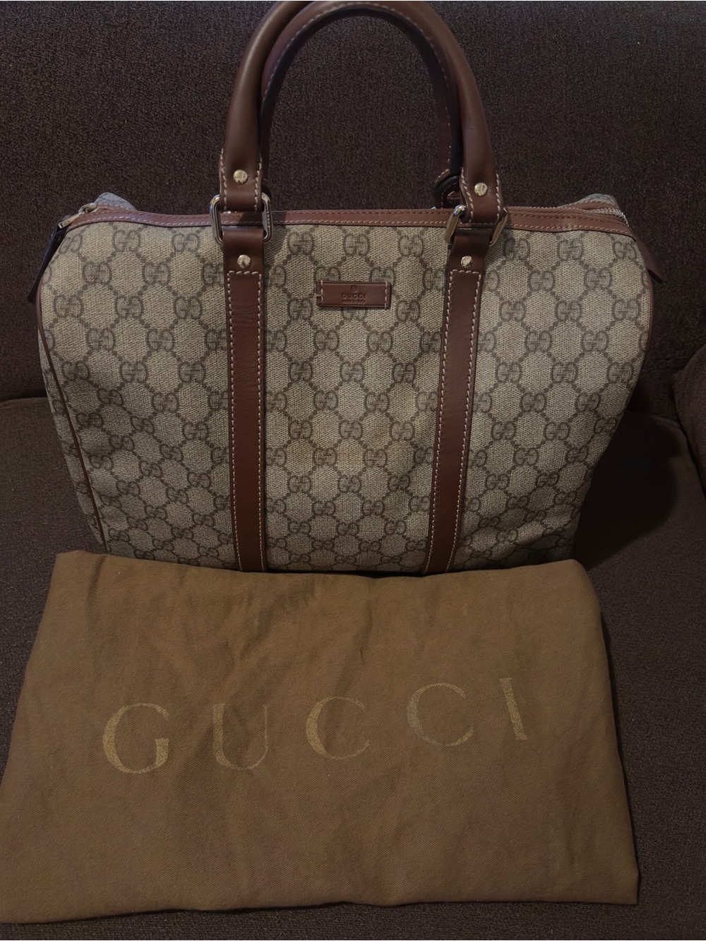 Genuine Gucci Boston Brown GG Canvas Leather Travel Bag. Very good condition.